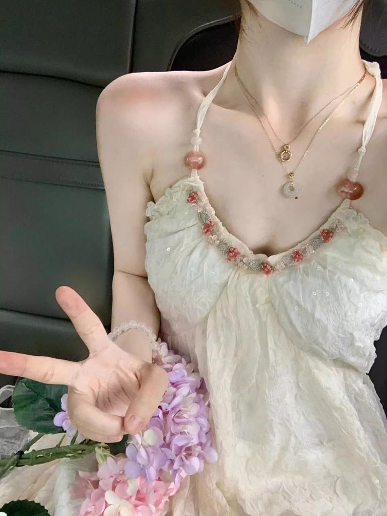 White seaside vacation big halter neck suspender dress new feminine summer fairy skirt