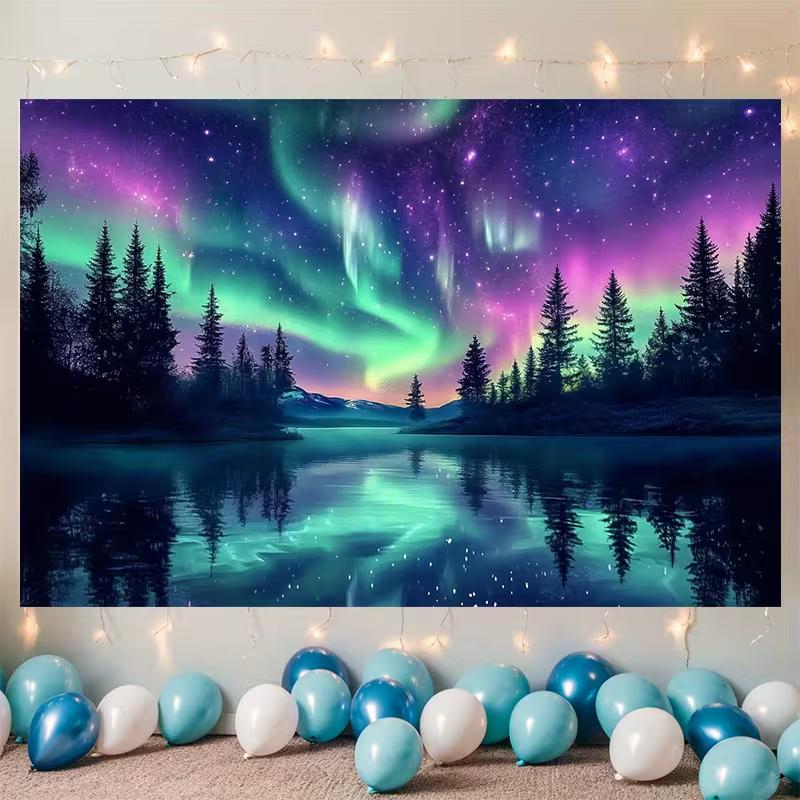 Enchanting Aurora Tapestry, Vibrant Northern Lights Dancing Over a Mirror-Like Lake and Pine Forest, Mystical Night Wall Art
