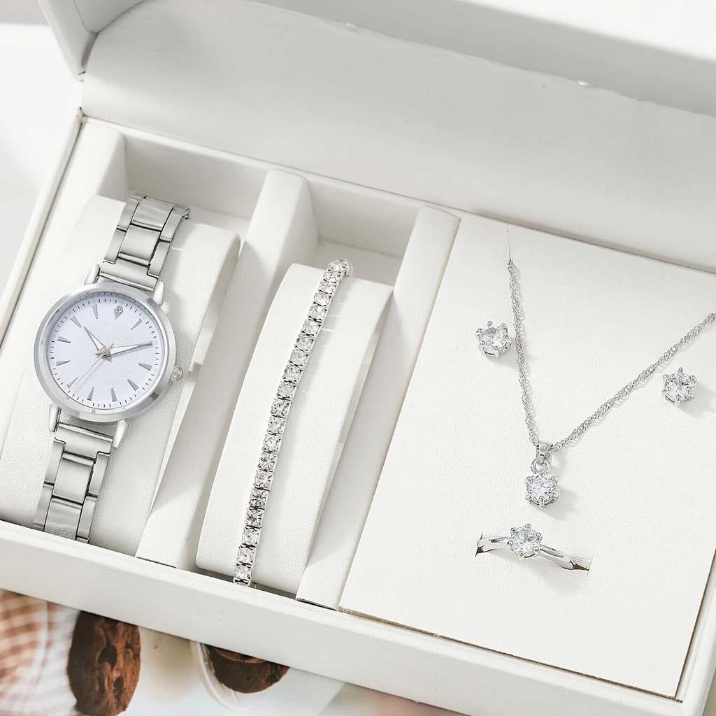 Elegant Zircon Jewelry Set: Round Six-Prong Bracelet, Ring, Necklace, and Earring Options