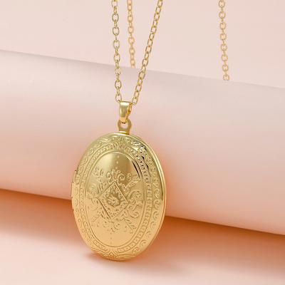 Pendant Necklace Oval Carved Flower Stripe Locket Pendant for Women