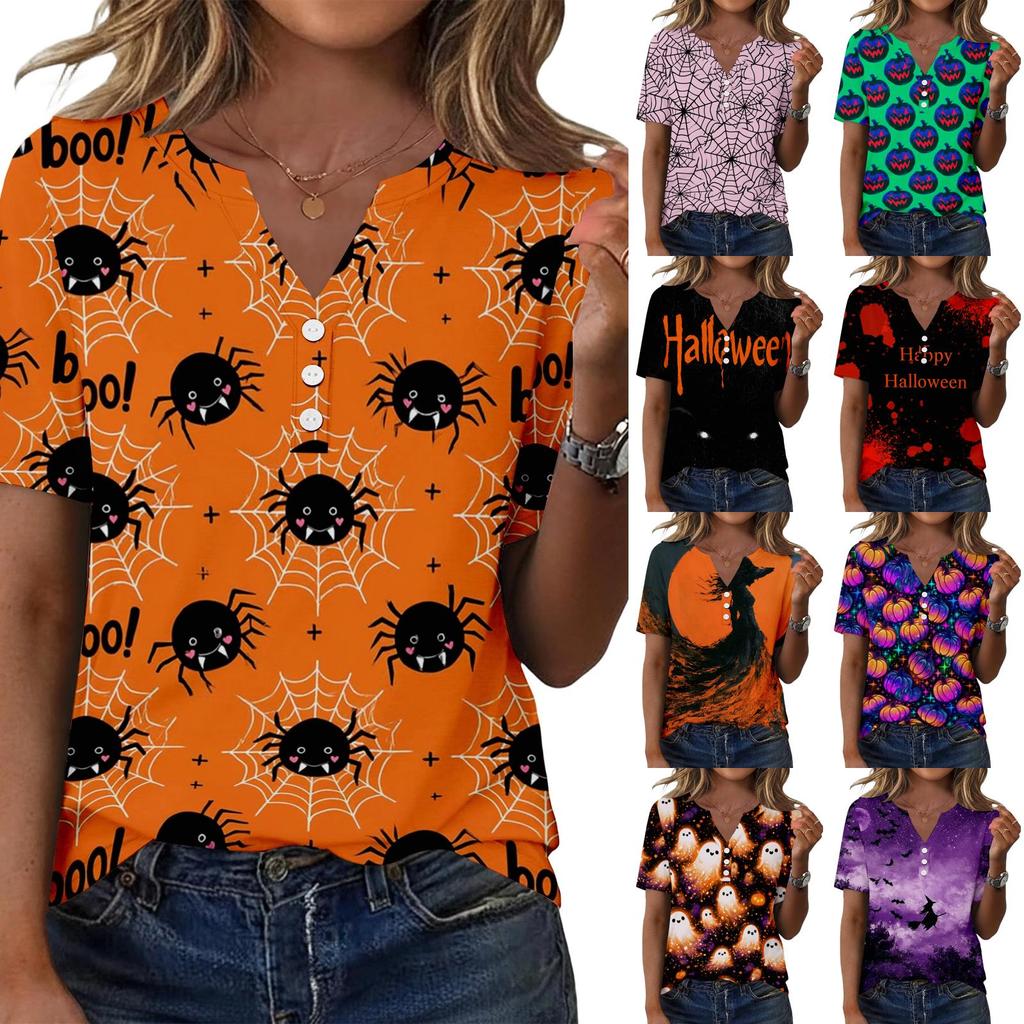 Women's Casual Halloween Print V Neck Short Sleeve Button Front T Shirt Lightweight Top for Everyday Wear