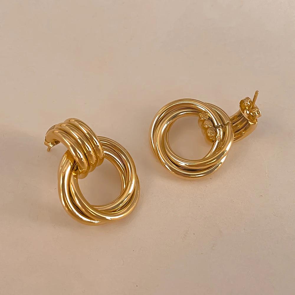 EManco Vintage Texture 18K Gold Plated Stainless Steel Hoop Earrings Women Geometric Circle Twist Fashion Jewelry