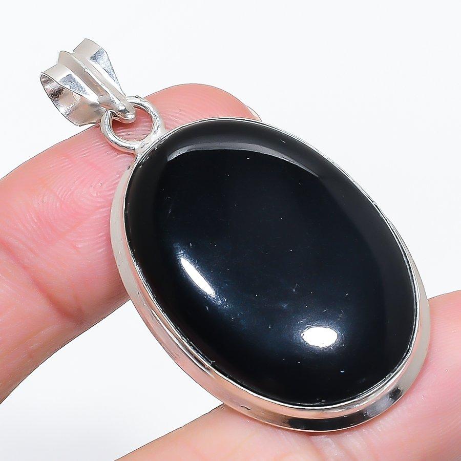 Natural Black Onyx Gemstone 925 Sterling Silver Jewelry Pendant 2.05" d5C82