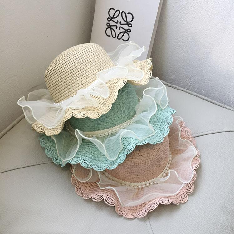 Girls Summer Straw Sun Hat With Pearl Lace Wide Brim Baby Beach Shade Cap Stylish UV Protection Outdoor Headwear