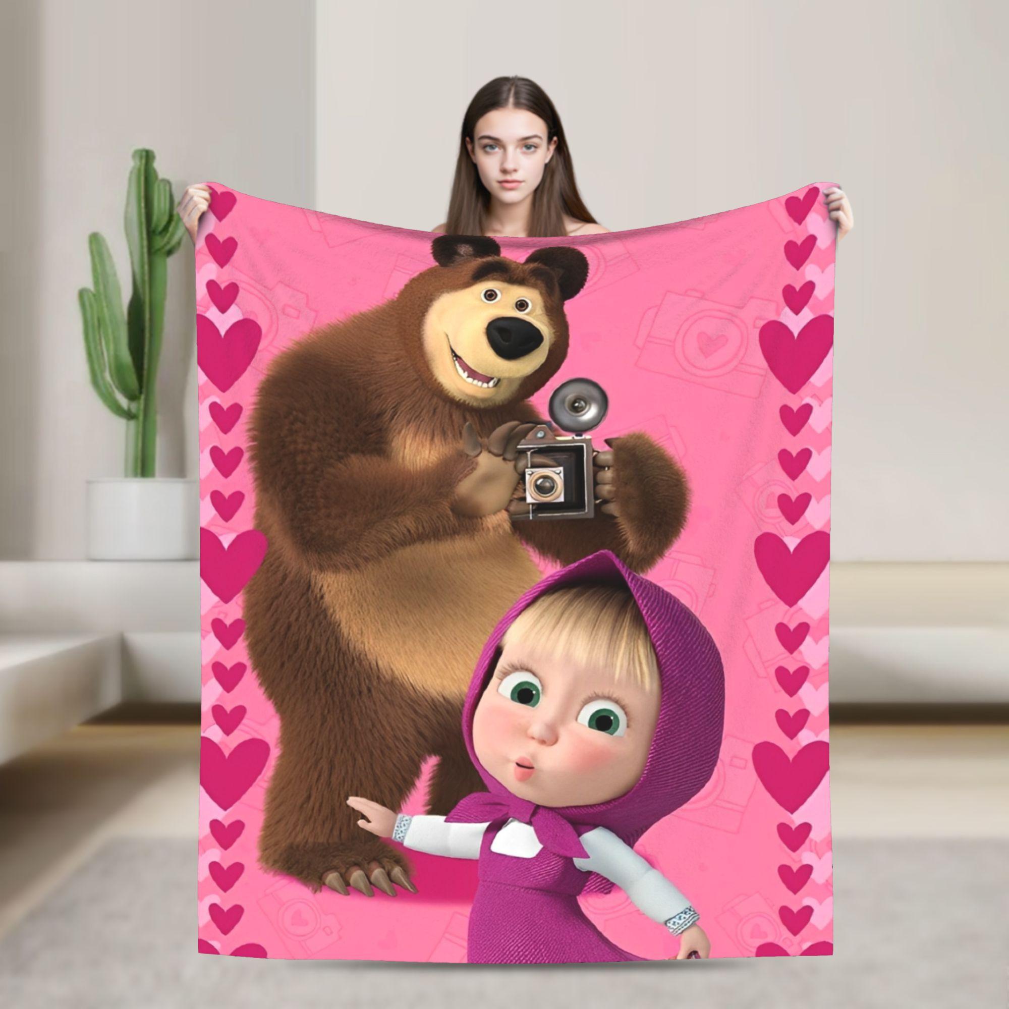 

Cartoon M-Masha And Bear Blanket Warm Funny Plush Throw Blanket For Home Decor Travel Office Flannel Bedspread Bed Cover 75x90cm