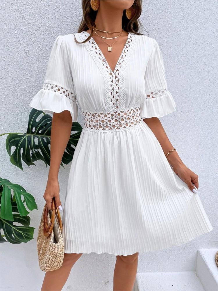 Women Elegant White Midi Dresses New Summer Lace Patchwork Casual Fashion Sexy V Neck Waistband Solid Tunic Party Dress Vacation