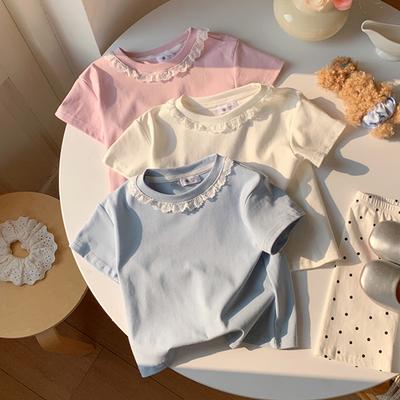 Sommer Mädchen Spitzen T-Shirt Kinder Locker Lässig Einfarbig Kurze Ärmel Rundhals Oberteile Baby Mädchen Baumwoll T-Shirts Kinderkleidung
