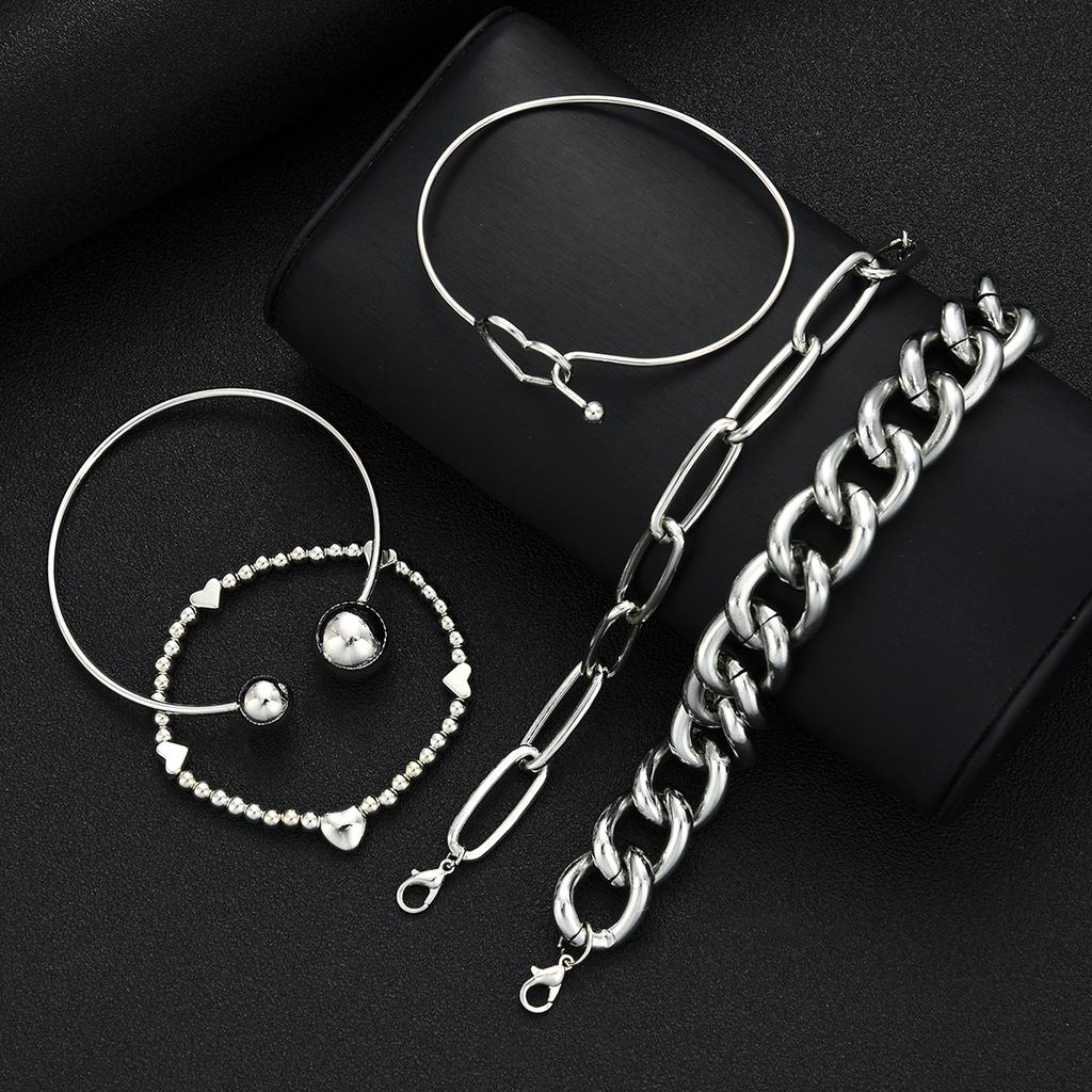 5pcs Vintage Exaggerated Minimalist Heart Bracelet Set Boho Chunky Silver Color Thick Chain Bead Bracelets For Women Jewelry New