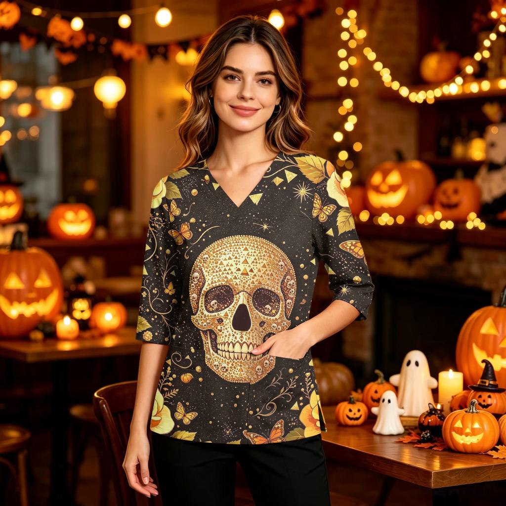 Women's Casual Halloween Print Uniform Top with V-Neck, Pockets and Side Slit, Three-Quarter Sleeve
