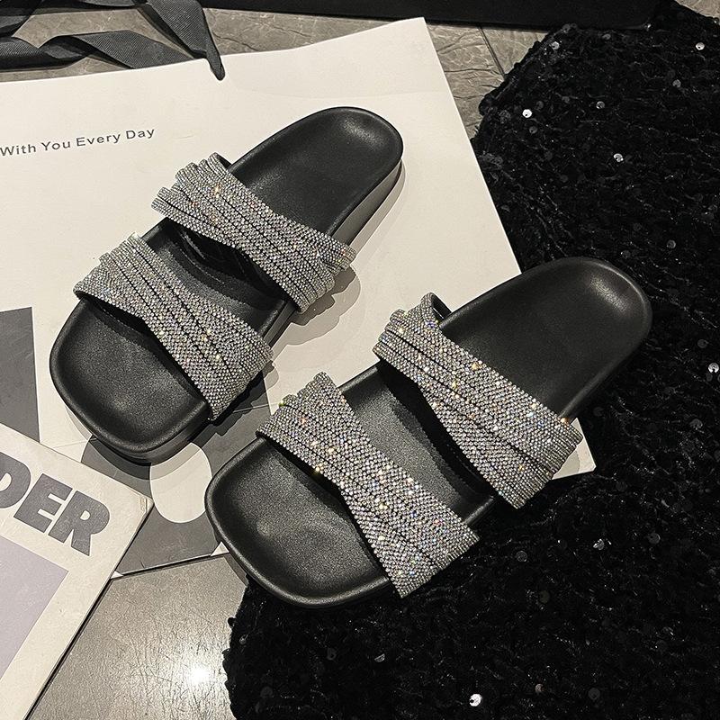 One-word Cold Slippers with Rhinestones for Women's Summer Wear 2025 New Flat-bottomed Beautiful Slippers with Skirts and Strappy Sandals.
