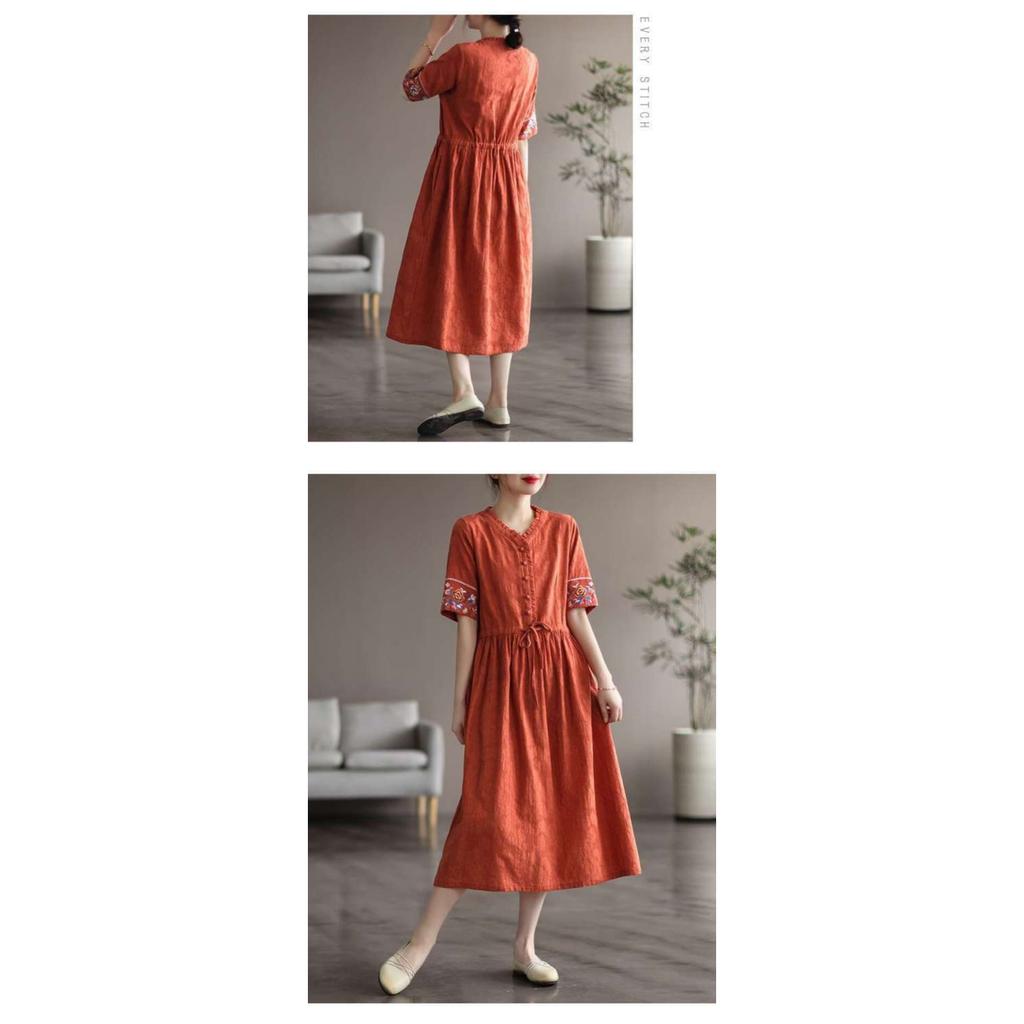 2025 Summer Washed Cotton Dress - Embroidered Midi Dress with Drawstring, Slim Fit Short Sleeve Linen Blend Dress, Boho Chic Casual Women's Outfit