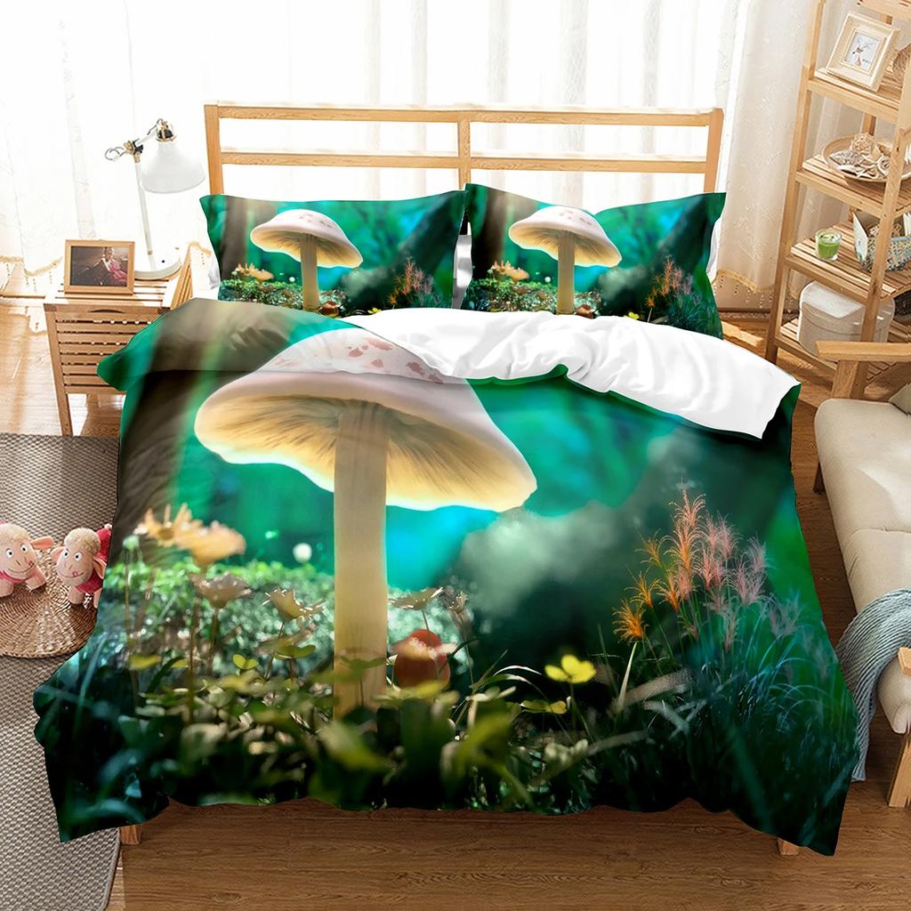 Mushroom Duvet Cover Set Microfiber Wild Plants Flowers Bedding Set Nature Botanical Animal Comforter Cover Single Queen Size