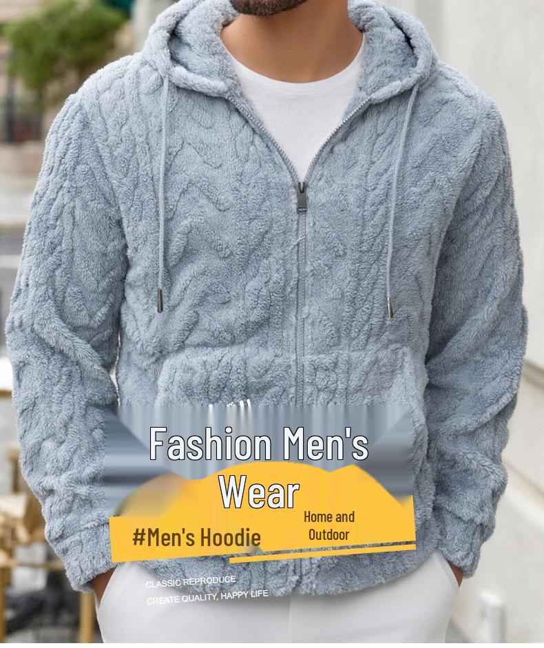 2025 Autumn/Winter European & American Men's Plush Zip-Up Hoodie - Casual Solid Color