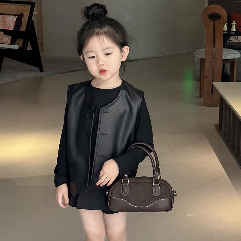 Девочки Корейский Стиль Безрукавный Кожаный Жилет - Новая Осенняя Мода 2025 для Младенцев и Детей 120 cm чёрный