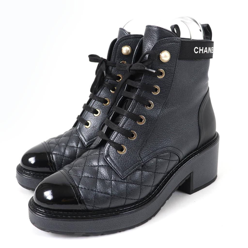 Excellent CHANEL Ankle boots Logo Matelasse F Pearl Lace-up Women 37 G38514 Used