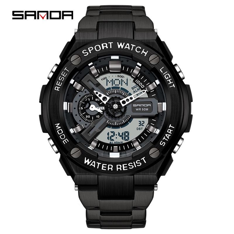 Sanda Multi-functional Waterproof Steel Sports Watch with Heart Monitor and Alarm