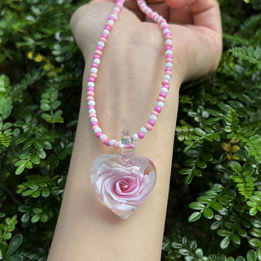 Trendy Pink Spiral Flower Glass Bead Necklace Pendant