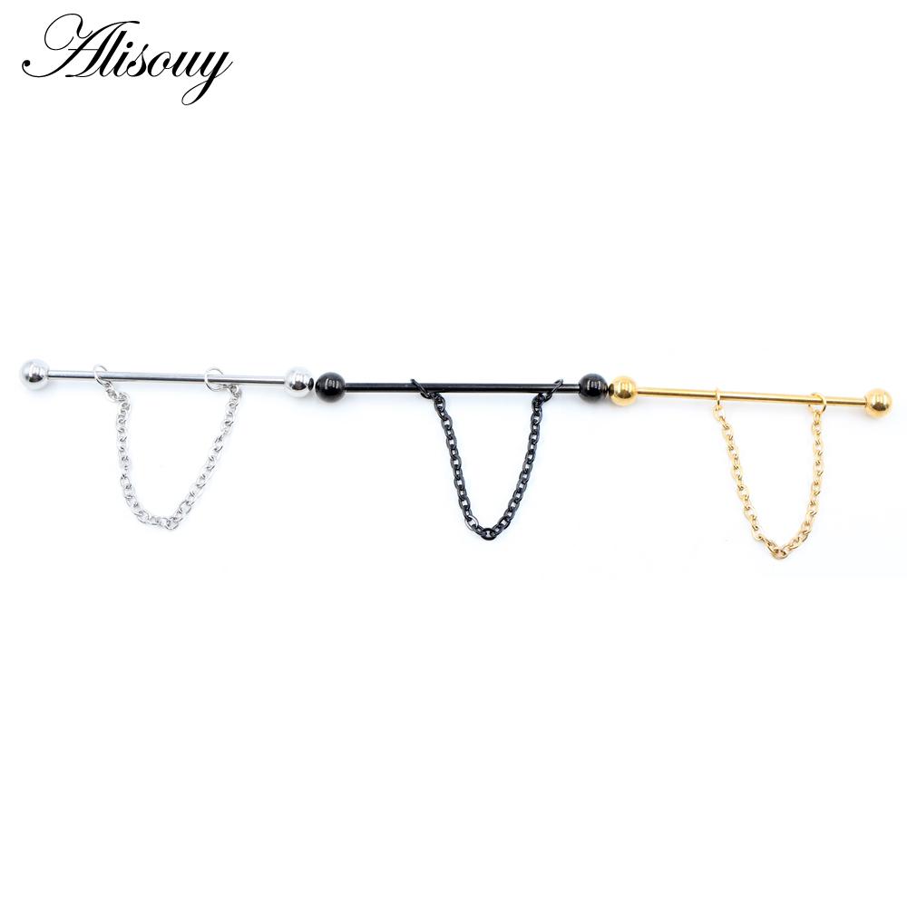 Alisouy 2 st Runda Kulkedja Lång Rostfritt Stål Industriell Hantel Öronbrosk Örhängen Rak Stift Piercing Kroppsmycken