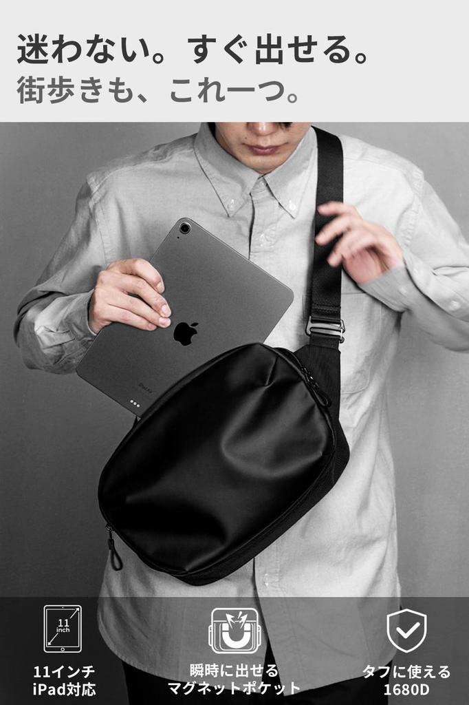 Shoulder Bag Pockets for Easy iPad Compatible Zipper Urban Sling [zepirion] Men's [10 Storage] 11-inch Water-Repellent Water-Resistant