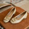 Leather thick heel low heel single shoes women's Korean version white light mouth square head metal buckle fashionable versatile French high heel wom