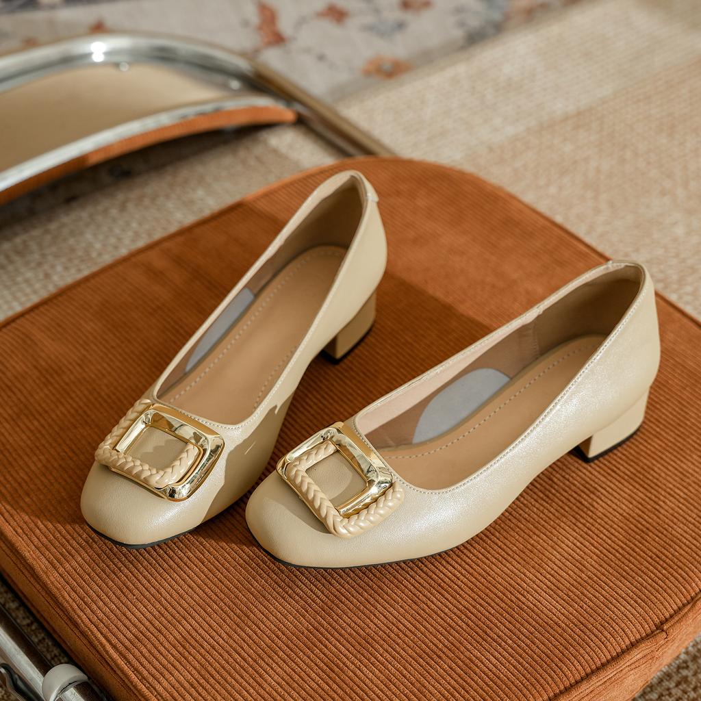 Leather thick heel low heel single shoes women's Korean version white light mouth square head metal buckle fashionable versatile French high heel wom