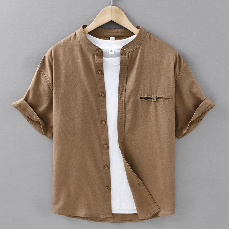 Summer Chinese Style Retro Stand Collar Linen Shirts Men's Loose Casual New Chinese Cotton Linen Short sleeve Shirt Thin