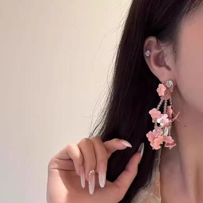 Silver Needle Zircon Glass Sequined Flower Fringed Earrings Mori Girl Sweet Exquisite Earrings Niche Atmosphere Earrings
