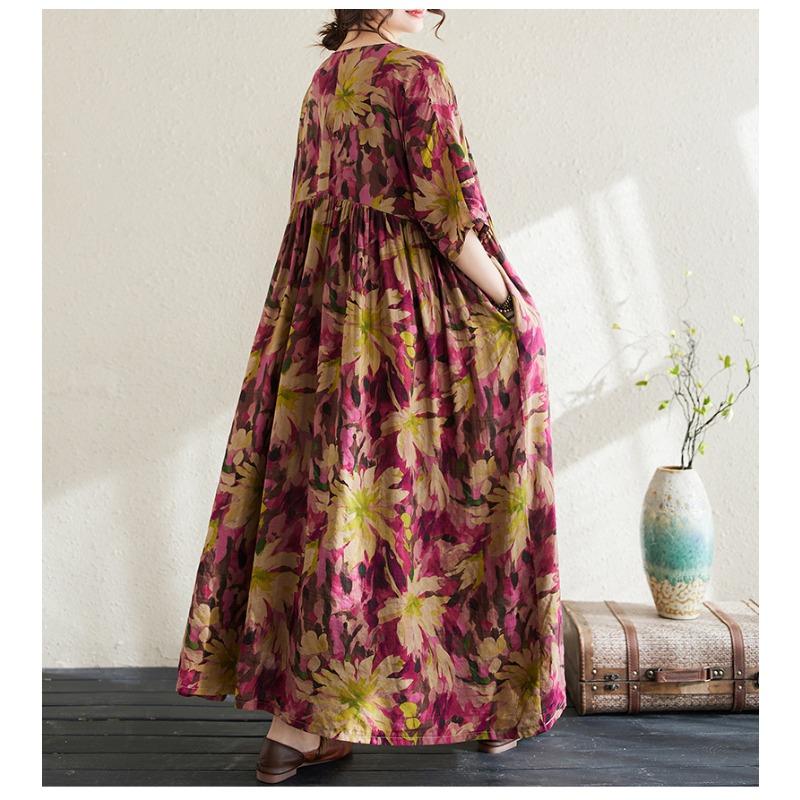 QICED Свободное Большого размера Ретро Хлопок и Лен Принт Тонкое Платье Лето Полная — фото 5