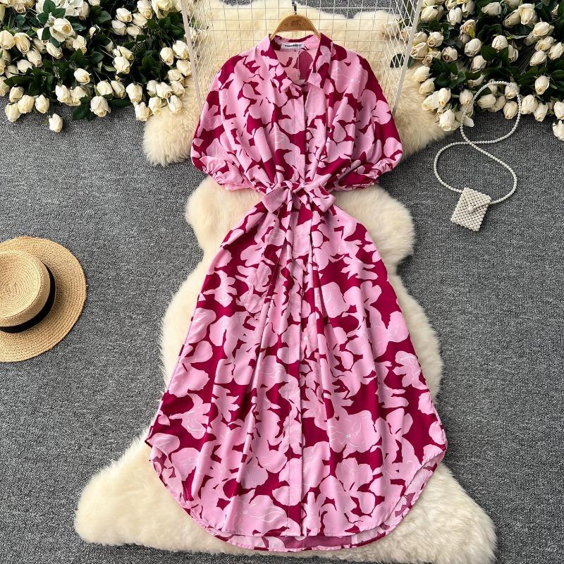 Summer Dress Retro Lantern-sleeved Women's Dress Single-breasted Cinched-waist Tie Printed Dress