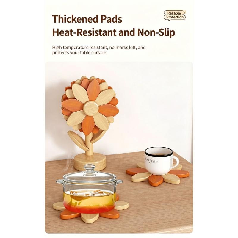 5-Piece Wooden Trivet Set with Flower Forms and Vertical Storage for Family Meals, Gatherings, and Dining Table Presentation