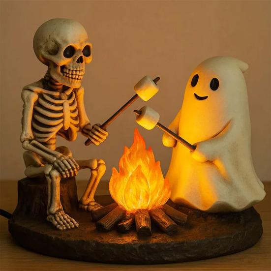 Skeleton Ghost Bonfire Night Lamp Halloween Roasting Marshmallow Ghost Statue Fake Campfire Lamp Home Bedroom Decoration