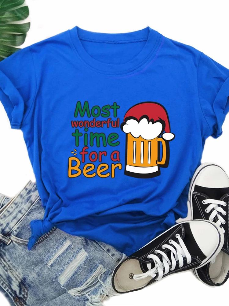 Christmas Best for A Beer Print T Shirt Women Short Sleeve O Neck Loose Tshirt Women Causal Tee Shirt Tops Camisetas Mujer