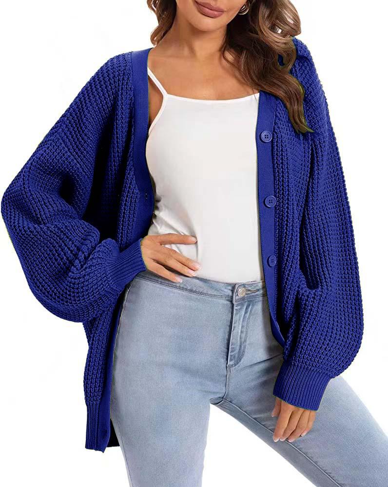 Women's V-Neck Lantern Sleeve Knitted Cardigan Sweater Coat - Single-Breasted Lazy Style