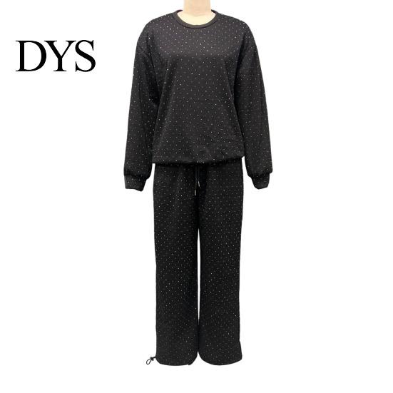 Women Spring Suit 2 Pcs/Set Top Pants Round Neck Long Sleeves Rhinestone Decor Sweatshirt Tracksuit Elastic Waist Wide Leg Trousers Daily Wear