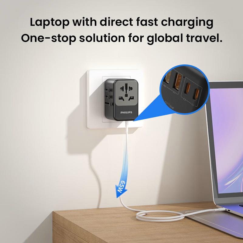 Philips 65W GaN Globaler Reiseadapter Mehrfachausgangsleistung bis zu 70W