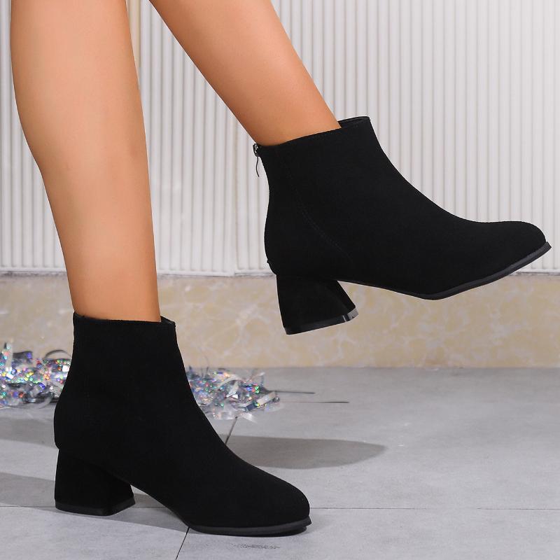 European and American Thick Heeled Women's Boots  Autumn and Winter New Suede Short Tube Solid Color Simple Women's Shoes