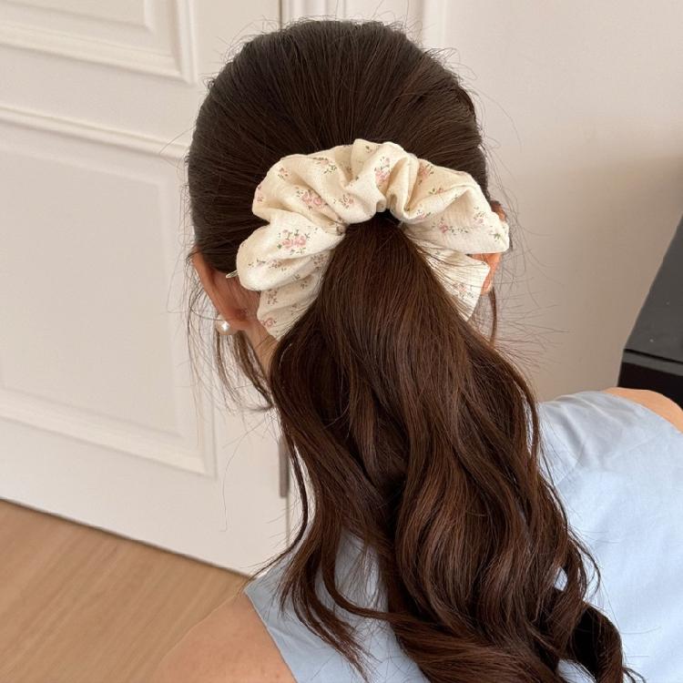 Lace Trimmed Floral Hair Scrunchy Hair Decors Stretchy Soft Fabric Ponytail Holder for Women Girls Various Hairstyles
