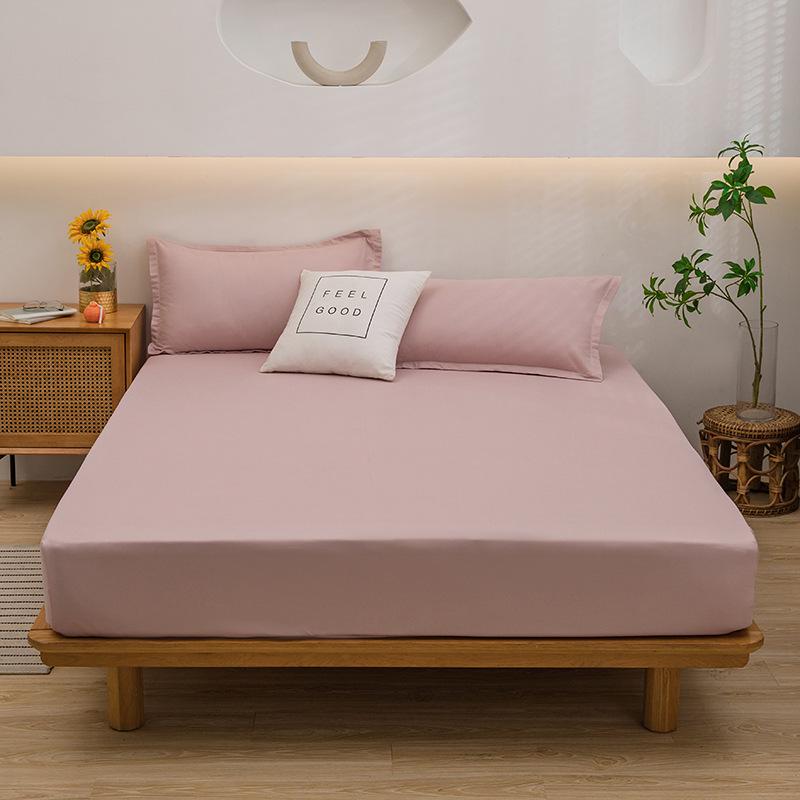 Solid Color Washed Cotton Fitted Sheet with Non-Slip Design and Skin-Friendly Pillowcase