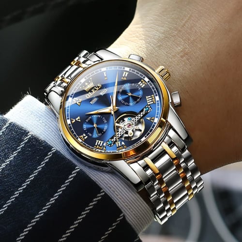 OLEVS Men's Stylish Blue Automatic Waterproof Date Luminous Business Skeleton Arm Watch Popular Brand Blue