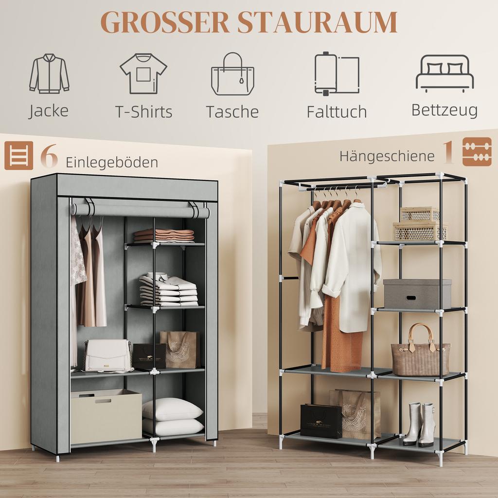 Fabric Wardrobe w/ Shelves Hanging Rail Foldable Wardrobe Light Grey