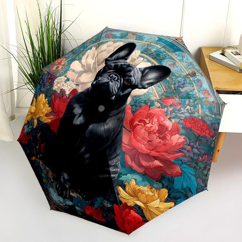 0106 Floral Black Dog  pattern, automatic folding umbrella, portable and foldable design, 8 ribs, a Christmas or birthday gift.
