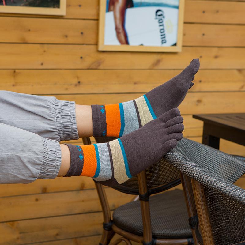 Men's Cotton Five-Toe Socks: Mid-Calf, High-Waist, All-Season, Medium Thickness, Wide Stripes, Sweat-Absorbent, Seamless.
