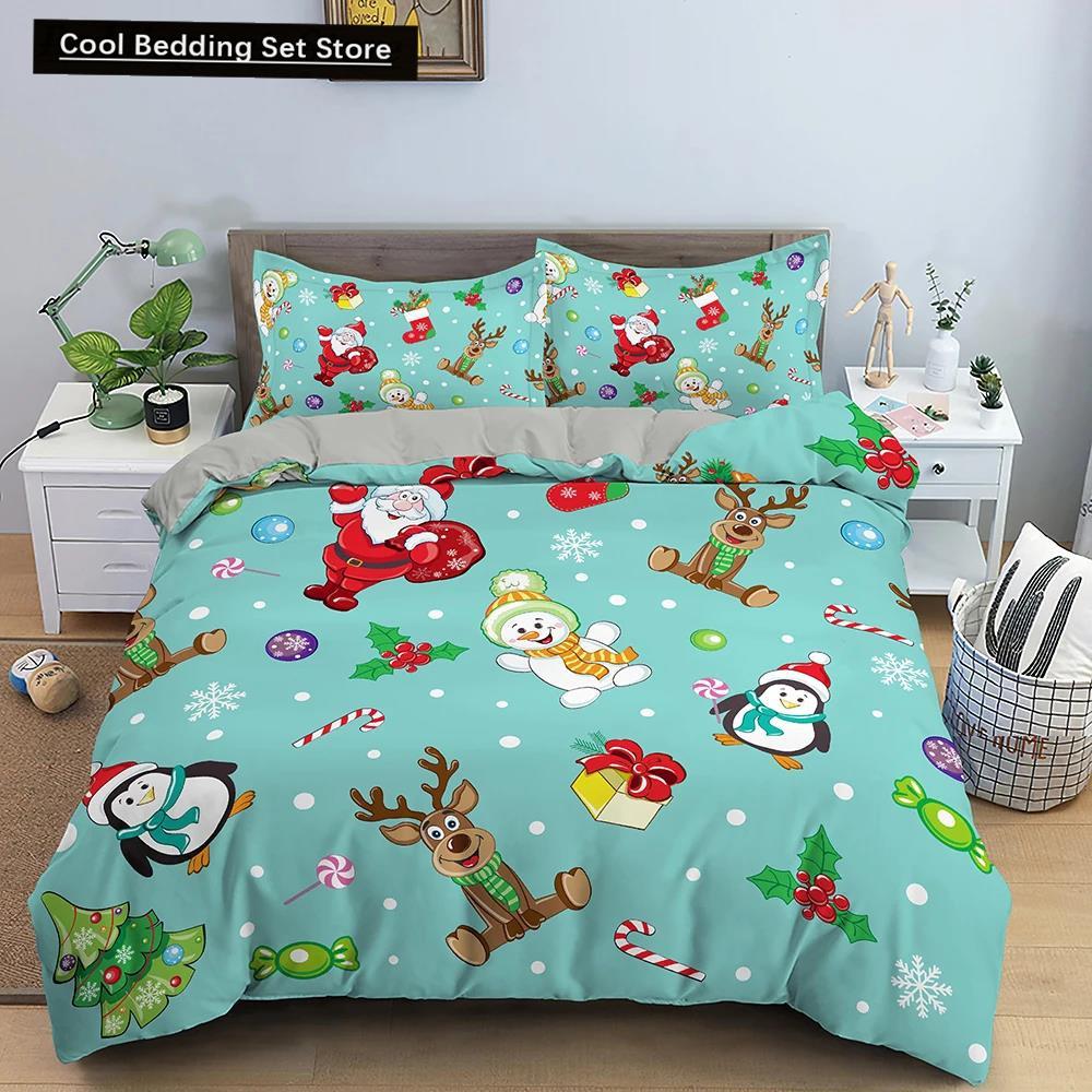Santa Claus Pattern Bedding Set Christmas Deer Duver Cover Set for Kids Boys Girls Quilt Cover Queen Polyester Comforter Cover