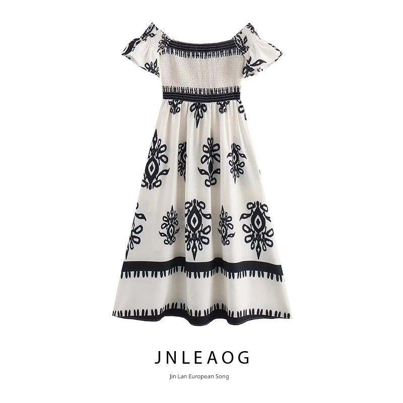 Jnleaog Autumn New Women's Clothing Fashion Style French Fashion All-Match Print Smocking off-Shoulder Dress