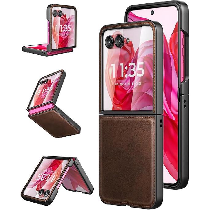 Foluu for Motorola Razr+ (Plus) 2024 Case, with Front Built-in Screen Protector, PU Leather + Hard PC Shell Ultra Thin Slim Durable Protective Phone