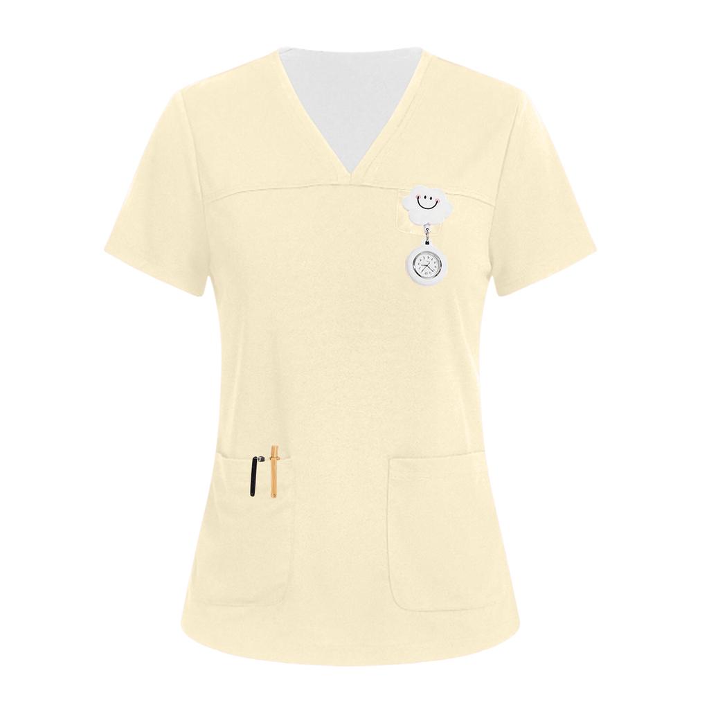 Damen V-Ausschnitt Drei-Taschen Kurzarm Uniform/Pflegekraft Oberteil Mit Schlitzen Am Saum
