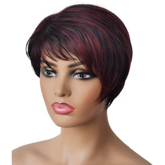 

Женские короткие прямые парики с частичным париком выглядят с высокой челкой, натуральный температурный шелк, долговечный, пушистый чёрный/красный