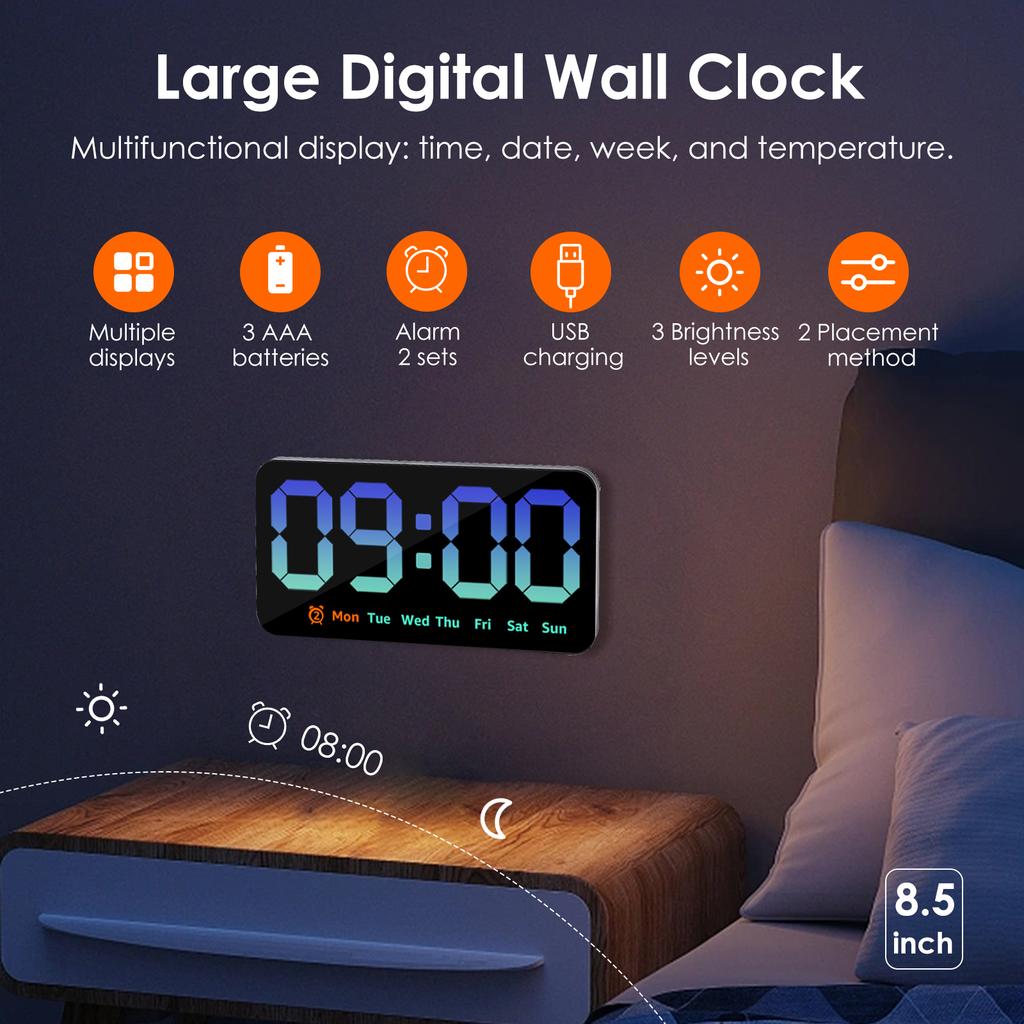 Digital Wall Clock 8.5 Inch Large Display LED Alarm Clock with Date Week Temperature Dual Alarm 3 Levels Brightness LED Clocks