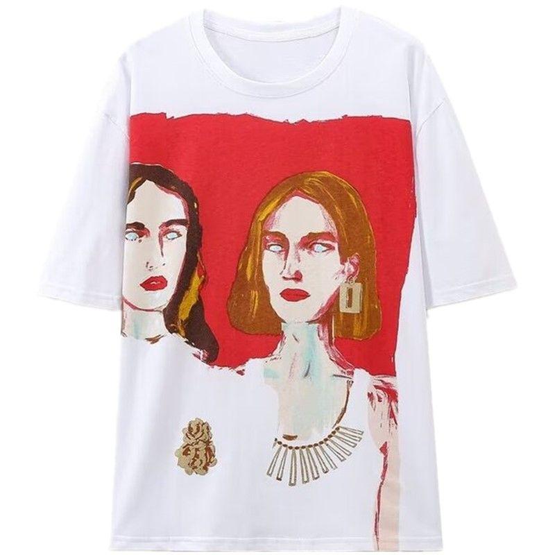 Fashion Style 2024 Autumn New Women's Clothing Easiest for Match Girl Print Straight-leg Short Sleeve round Neck T-shirt 1165475