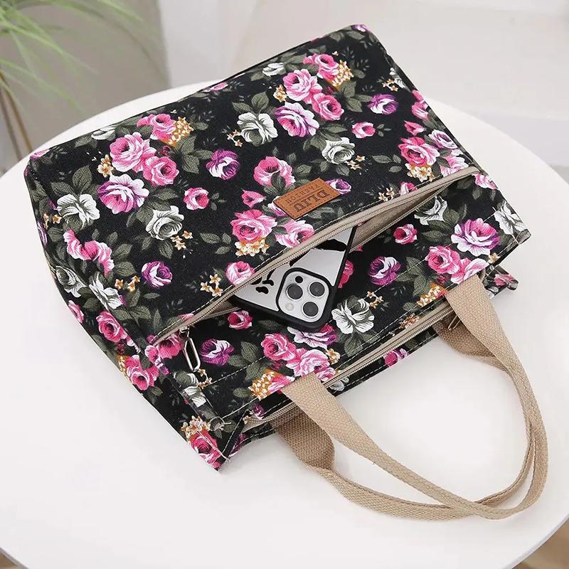 Fashion Floral Print Tote Bag Portable Canvas Lunch Bag Women's Casual Handbag Bento Mommy Shoulder Bag For Picnic Travel